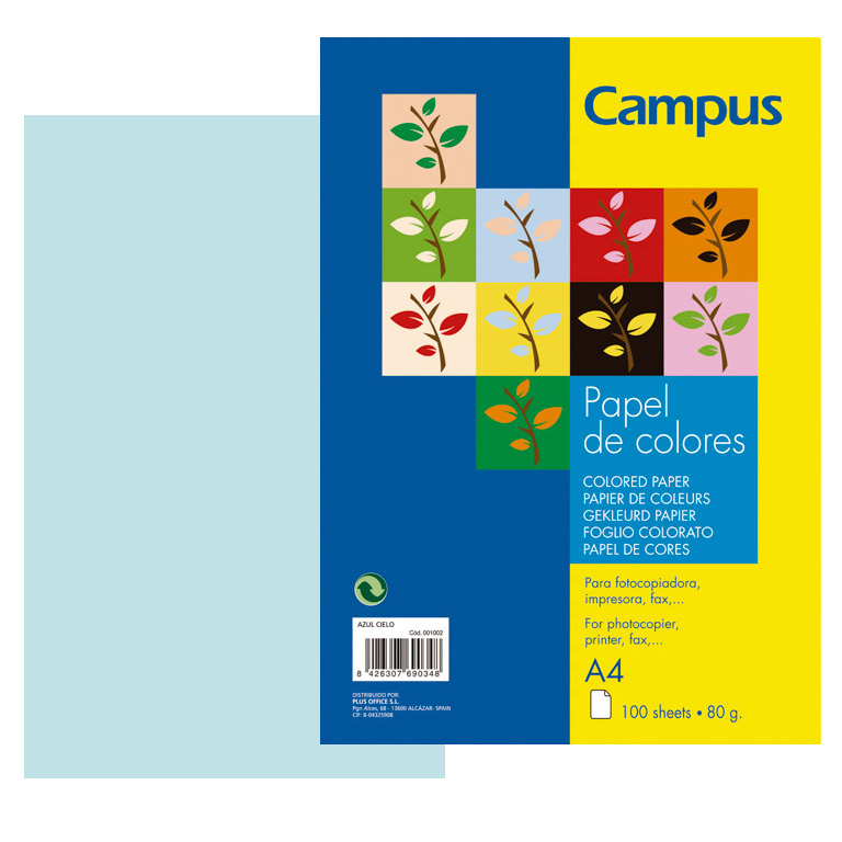 PAPEL DIN A4 CAMPUS 80 GRAMOS PAQUETE 100 HOJAS COLOR AZUL CIELO