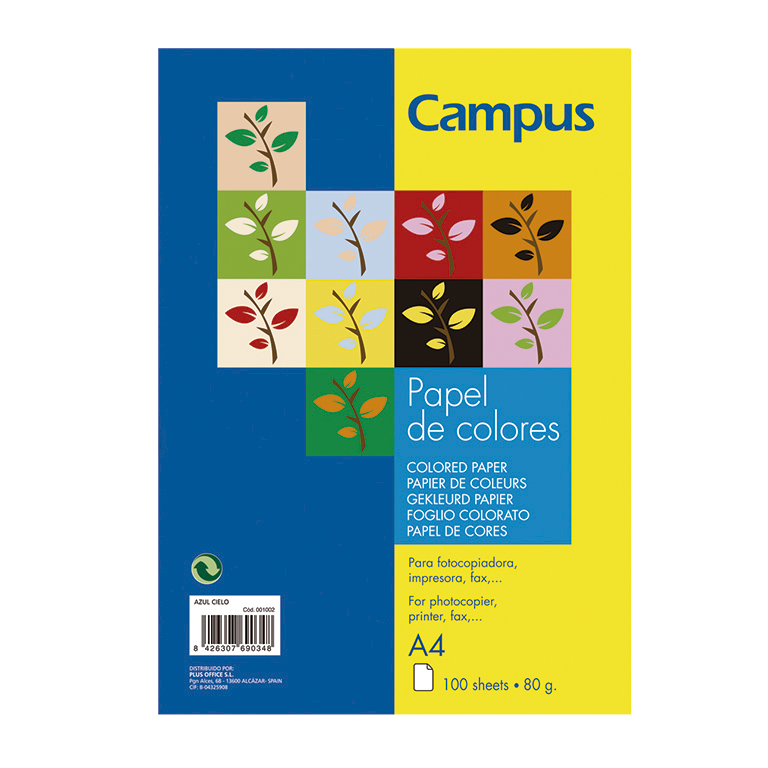 PAPEL DIN A4 CAMPUS 80 GRAMOS PAQUETE 100 HOJAS COLOR AMARILLO LIMON