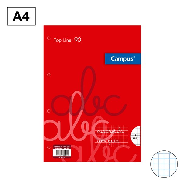 RECAMBIOS CARPETA CAMPUS A4 4 TALADROS 100 HOJAS 90 GRAMOS CUADRÍCULA PAUTADA 4 MM PORTADA COLOR ROJO