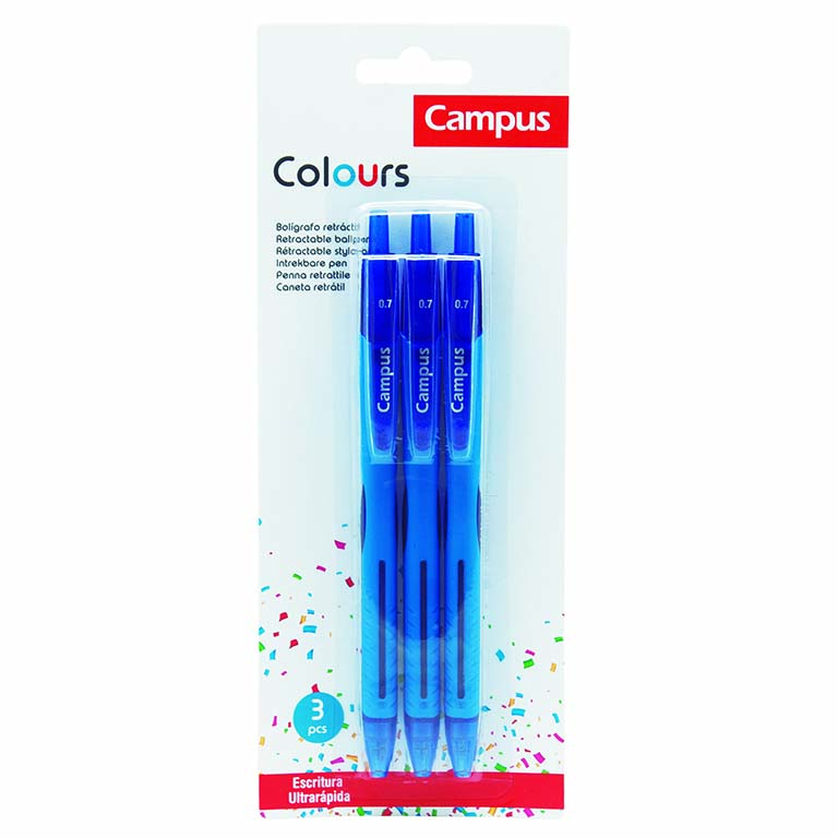 BOLÍGRAFO RETRACTIL CAMPUS COLOURS COLOR AZUL TACTO GOMA BLÍSTER 3 UNIDADES.