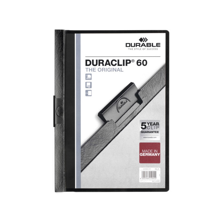 CARPETA DOSSIER PINZA METALICA DURABLE DURACLIP A4 220X310 MM CAPACIDAD 60HOJAS COLOR NEGRO	