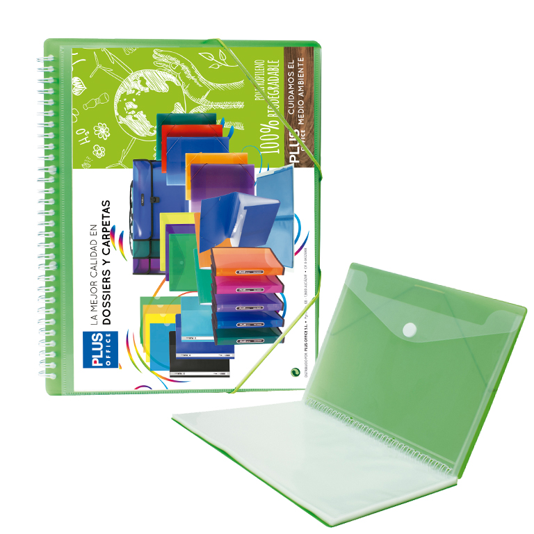 CARPETA PLUS OFFICE ESPIRAL TAPAS RIGIDAS PERSONALIZABLES 30 FUNDAS TRANSPARENTES POLIPROPILENO A4 CON GOMAS COLOR VERDE