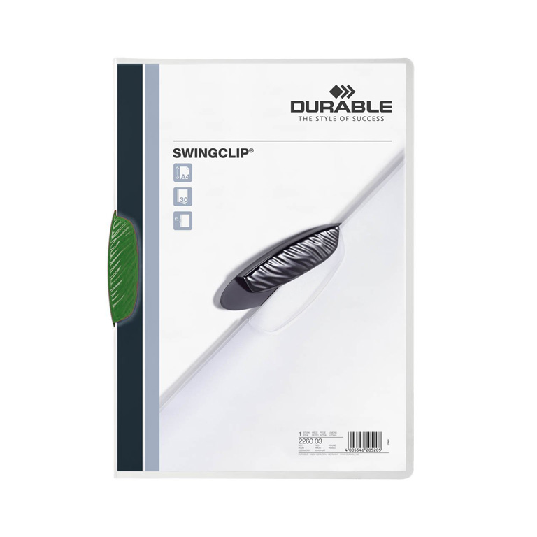 CARPETA DOSSIER PINZA PLASTICO DURABLE A4 220X310 MM CAPACIDAD 30HOJAS COLOR VERDE